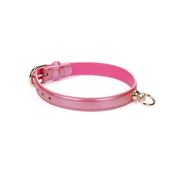 Set Collier Lustre Rosa en cuir rose brillant avec collier ajustable, chaîne métallique dorée et poignée assortie, présenté sur fond blanc en vue produit