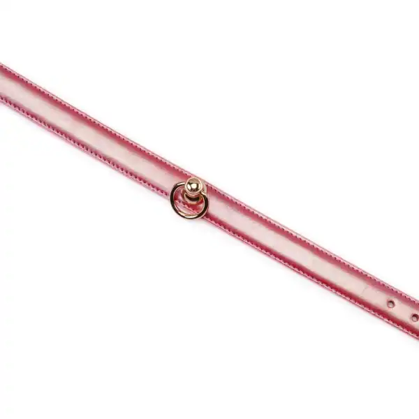 Set Collier Lustre Rosa en cuir rose brillant avec collier ajustable, chaîne métallique dorée et poignée assortie, présenté sur fond blanc en vue produit