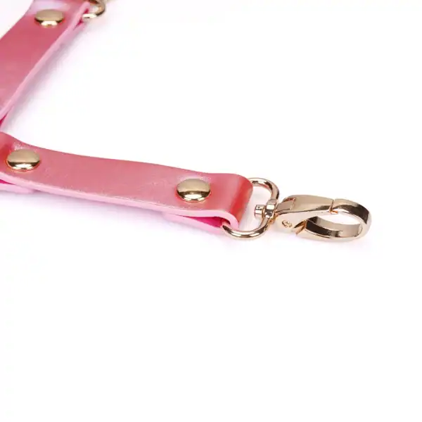 Hogtie Cuir Lustre Rosa LIEBE SEELE made of shiny pink leather straps with gold rivets and metal snap hooks, presented flat on a white background.