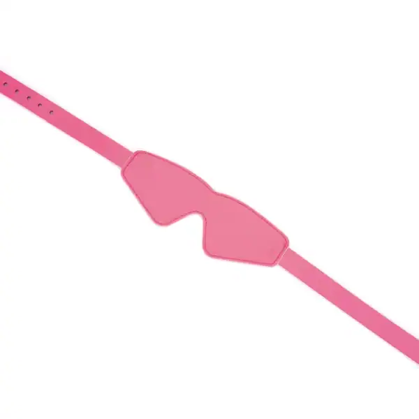 LIEBE SEELE Lustre Rosa Маска из блестящей розовой кожи с охватывающей формой, регулируемым ремешком и тщательной отделкой, представленная на белом фоне в виде товара.