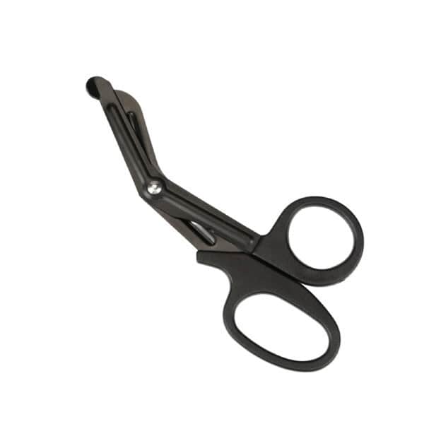 Black metal BDSM safety scissors with rounded tips, high-end safety accessory selected by Brigade Mondaine, on white background.