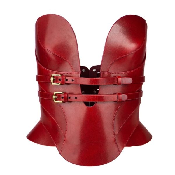 RE:STRICT - DAELOS Leather Corset Daelos red leather corset by RE:STRICT, sculpted corset with metallic finishes, bondage style, handcrafted.
