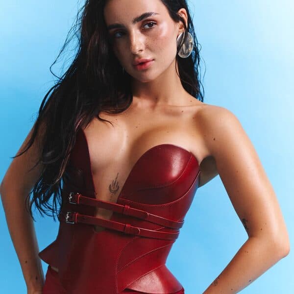 RE:STRICT - DAELOS Leather Corset Daelos red leather corset by RE:STRICT, sculpted corset with metallic finishes, bondage style, handcrafted.