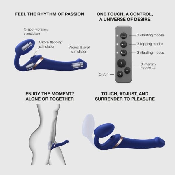 STRAP-ON-ME Strap-On Multi Orgasmo - Selección Brigade Mondaine Paris Guía de tallas Strap-On Multi Orgasm STRAP-ON-ME que muestra las dimensiones insertables de los modelos S, M, L y XL, en longitud y diámetro, selección Brigade Mondaine Paris.