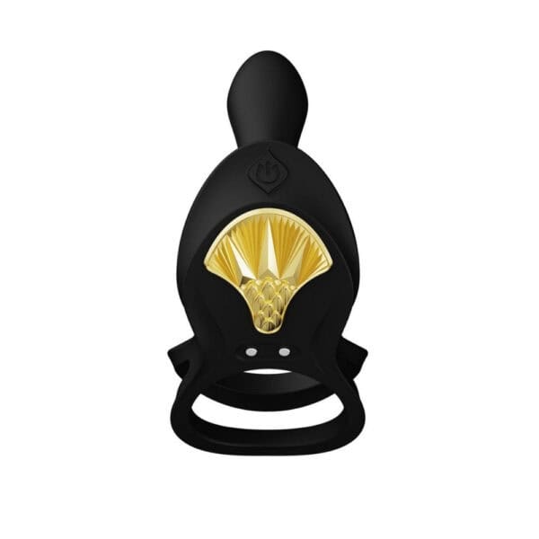 Vibromasseur portable au design ergonomique présenté avec son écrin, posé sur un décor aux nuances bleues et rouges, sélection Brigade Mondaine Paris. Sextoys Electriques