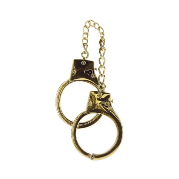 Goldene Handschellen aus Metall mit zentraler Kette und Schlüsseln inklusive, glänzendes Finish, angeboten von Brigade Mondaine Paris.