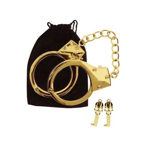 Goldene Handschellen aus Metall mit zentraler Kette und Schlüsseln inklusive, glänzendes Finish, angeboten von Brigade Mondaine Paris.