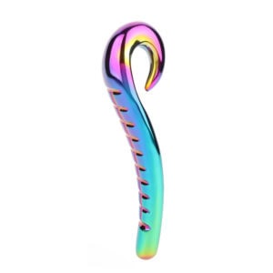 Devil's Dildo en acier inoxydable finition irisée, forme courbée et surface lisse, présenté par Brigade Mondaine Paris sur fond clair.