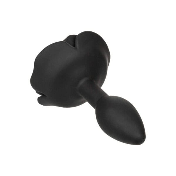 Plug anal noir en silicone mat, tête sculptée en forme de rose avec base évasée, présenté par Brigade Mondaine Paris.