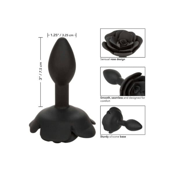 Plug anal noir en silicone mat, tête sculptée en forme de rose avec base évasée, présenté par Brigade Mondaine Paris.