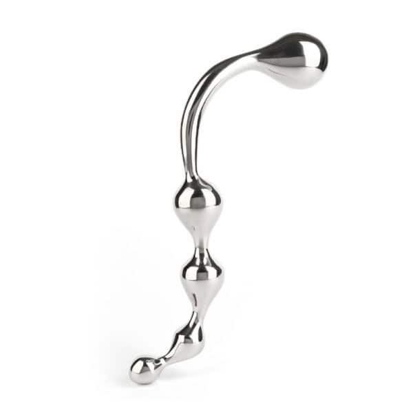 Wand Multi-Stim aus poliertem Edelstahl, gebogene Form mit kugelförmigen Enden, präsentiert auf weißem Hintergrund, Auswahl Brigade Mondaine Paris.