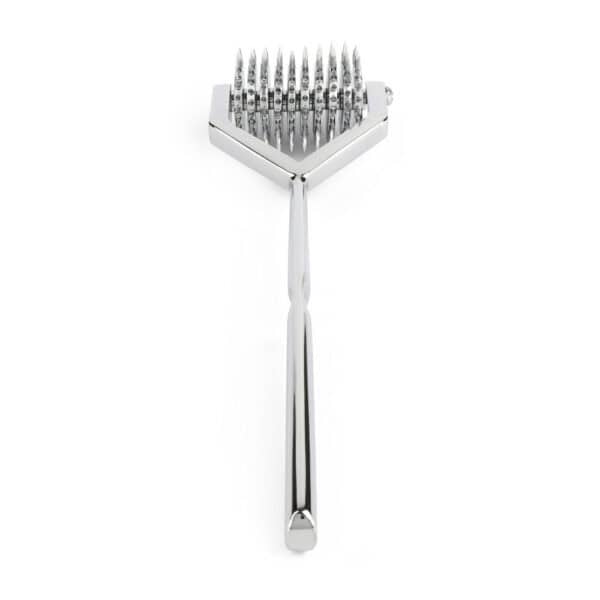Wartenberg castor in bright stainless steel with serrated wheels, medical design revisited, presented by Brigade Mondaine Paris on light background.
