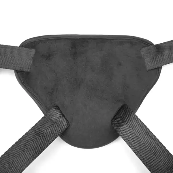 Harnais Strap-On Pink LIEBE SEELE avec base structurée rose, sangles noires réglables et anneaux métalliques, présenté à plat sur fond blanc, vue produit détaillée