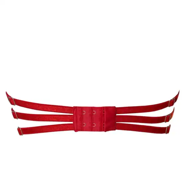 Crimson BH VIDEO SCHWARZ Brigade Mondaine Paris rot Model trägt den Crimson Red VIDE NOIR BH bei Brigade Mondaine Paris, transparenter Tüll bestickt mit roten Motiven, hoher Ausschnitt und strukturierter Schnitt, fotografiert im Studio.