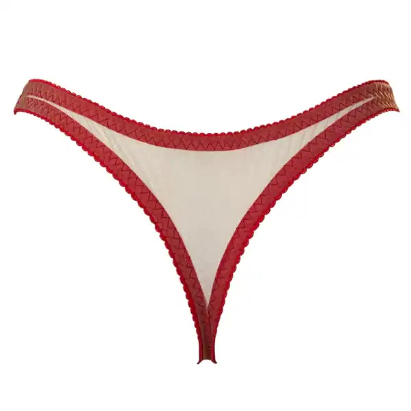 String CRIMSON VIDE NOIR Brigade Mondaine Paris String CRIMSON VIDE NOIR présenté chez Brigade Mondaine Paris, string rouge en tulle transparent brodé de motifs gouttes stylisées, finitions délicates et coupe épurée.