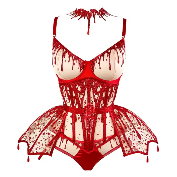 Choker Blood VIDEO SCHWARZ Brigade Mondaine Paris rot Spitze Choker Blood rot VIDE NOIR präsentiert bei Brigade Mondaine Paris, nudefarbener Tüll bestickt mit fließenden roten Motiven, an einer Schaufensterpuppe getragen, mit einem zentralen roten facettierten Anhänger.