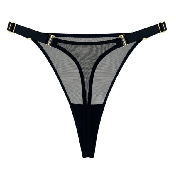 BORDELLE - String Signature Mesh schwarz bei Brigade Mondaine Paris String BORDELLE Signature Schwarzer Mesh-String aus transparentem Tüll, mit verstellbarem elastischem Taillenband und goldenen Metallbeschlägen, flach präsentiert, erhältlich bei Brigade Mondaine Paris.