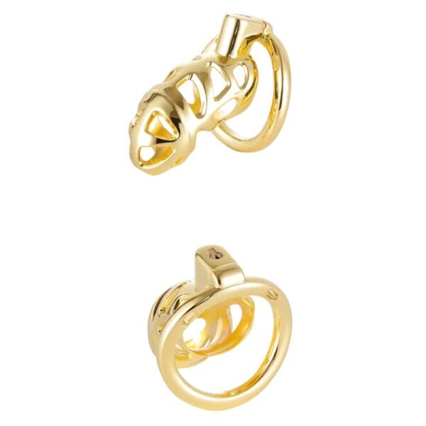 Chastity cage in polished gold-plated metal with fastening ring, presented on a white background, selection Brigade Mondaine Paris.