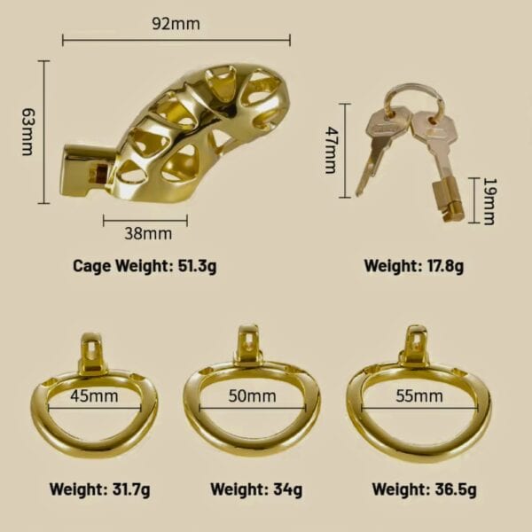 Chastity cage in polished gold-plated metal with fastening ring, presented on a white background, selection Brigade Mondaine Paris.