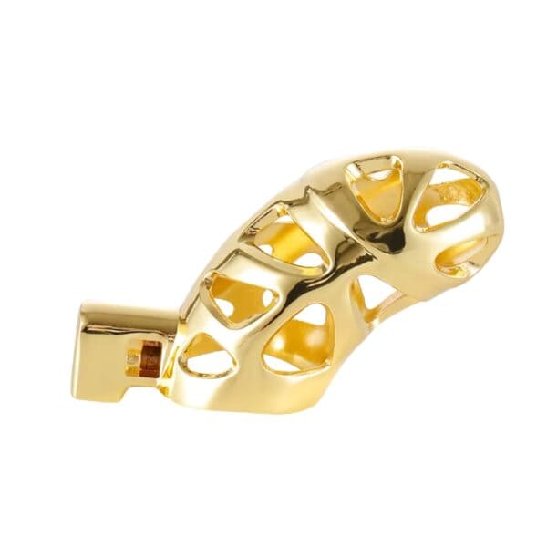 Chastity cage in polished gold-plated metal with fastening ring, presented on a white background, selection Brigade Mondaine Paris.