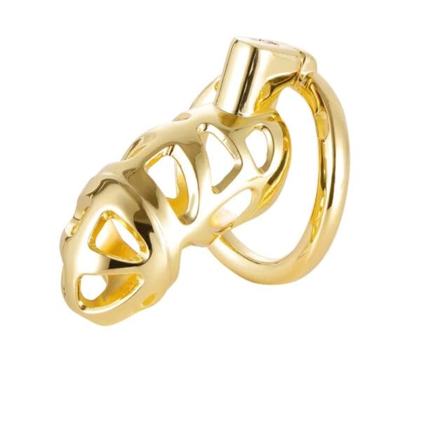 Chastity cage in polished gold-plated metal with fastening ring, presented on a white background, selection Brigade Mondaine Paris.
