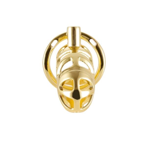 Chastity cage in polished gold-plated metal with fastening ring, presented on a white background, selection Brigade Mondaine Paris.
