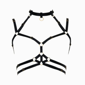 Moon FLASH Bondage Harness aus schwarzen Gurten mit goldenen Ringen, flache Ansicht auf weißem Hintergrund, grafisches Design, verstellbar - Brigade Mondaine Paris