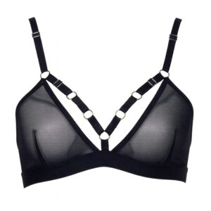 Moon FLASH soft bra in black tulle with adjustable straps, worn on model, graphic silhouette and visible details - Brigade Mondaine Paris