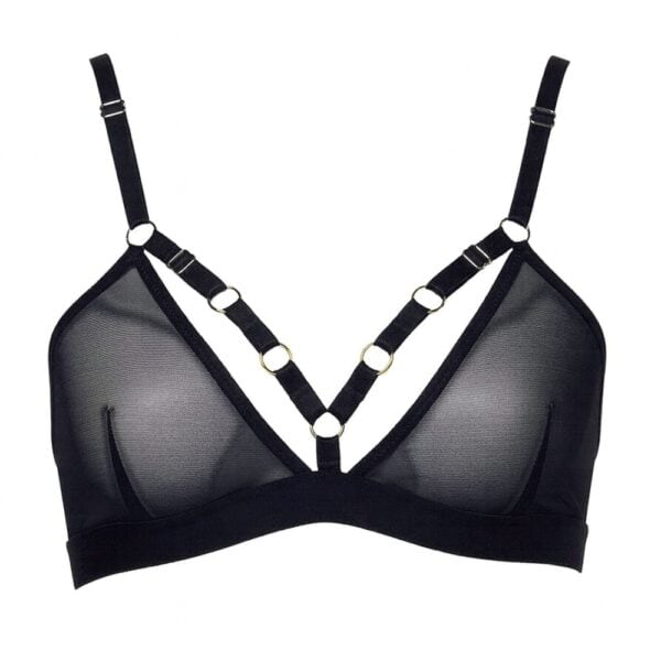 Moon FLASH Soft-BH aus schwarzem Tüll mit verstellbaren Trägern, am Model getragen, grafische Silhouette und sichtbare Details - Brigade Mondaine Paris