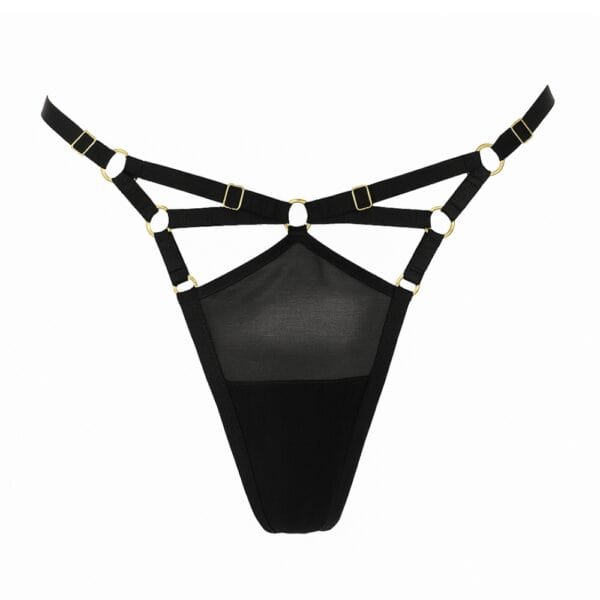 Tanga Bondage Moon de malla negra con correas ajustables y anillas metálicas, vista frontal sobre fondo blanco, marca FLASH.