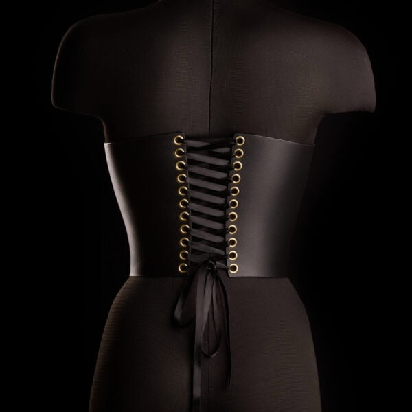 Corset SOPHIA IINFYNII noir avec double fermeture zippée et détail infini doré, corset structurant au design graphique, sélection Brigade Mondaine Paris