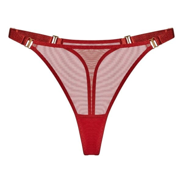 BORDELLE - String Mesh bei Brigade Mondaine Paris BORDELLE Mesh String von hinten von der Seite betrachtet, aus transparentem Tüll mit schmalem elastischen Bund und goldenen Metallbeschlägen, präsentiert bei Brigade Mondaine Paris.