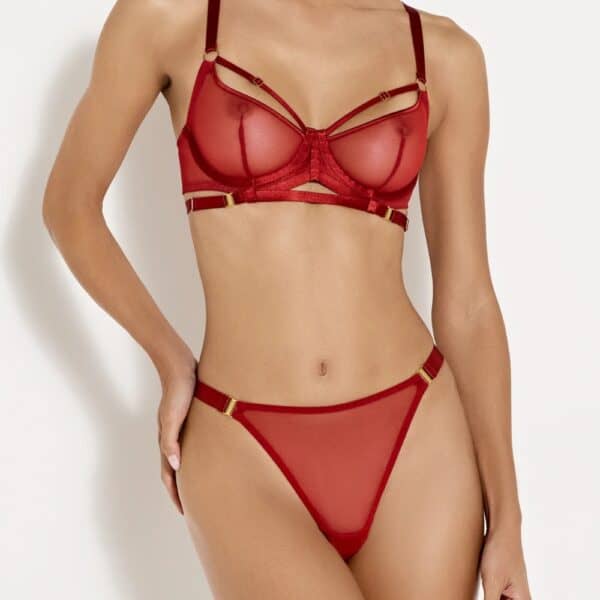 BORDELLE - String Mesh bei Brigade Mondaine Paris Dreiviertel getragener BORDELLE Mesh String aus transparentem Tüll mit schmalem, elastischem Bund und goldenen Metallbeschlägen, präsentiert bei Brigade Mondaine Paris.