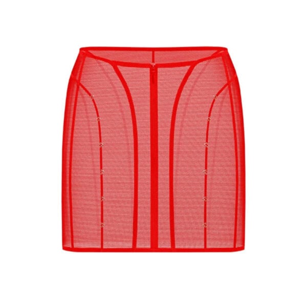 Vista trasera de una falda de tul rojo ANOESES, entallada con líneas gráficas verticales y pequeños corchetes decorativos, ligera transparencia y estética fetichista de alta gama Brigade Mondaine Paris.