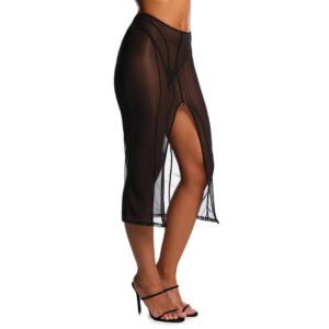 ANOESES black tulle slit skirt worn by a standing female model, fitted midi cut with central slit and structured lines, light transparency and high-end fetish aesthetic Brigade Mondaine Paris.