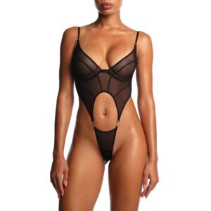 Body en tulle noir ANOESES avec découpe centrale et lignes structurées, conçu pour souligner la silhouette avec caractère. Sélection Brigade Mondaine Paris.
