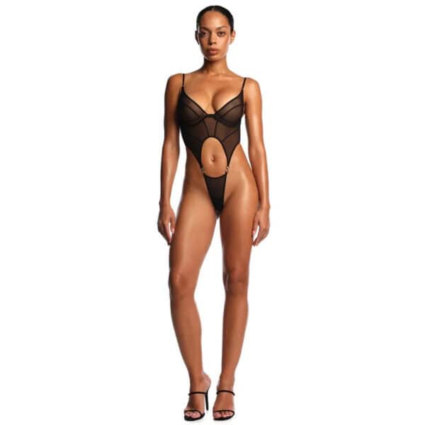 Body en tulle noir ANOESES avec découpe centrale et lignes structurées, conçu pour souligner la silhouette avec caractère. Sélection Brigade Mondaine Paris.