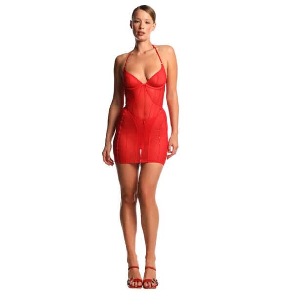 Conjunto ANOESES compuesto por un body y una falda de tul rojo, llevado por una modelo femenina de pie, corte entallado, líneas estructuradas y ligera transparencia, estética fetichista de alta gama Brigade Mondaine Paris.