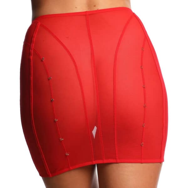 Vista trasera de una falda de tul rojo ANOESES, entallada con líneas gráficas verticales y pequeños corchetes decorativos, ligera transparencia y estética fetichista de alta gama Brigade Mondaine Paris.