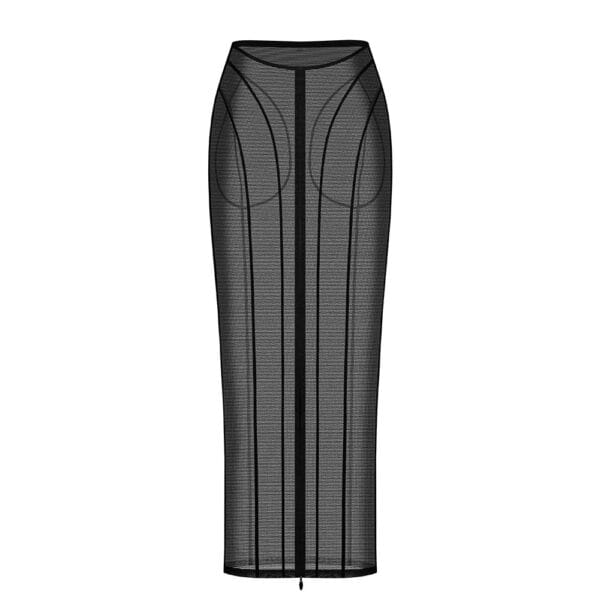 Jupe fendue en tulle noir ANOESES portée par un modèle féminin debout, coupe midi ajustée avec fente centrale et lignes structurées, transparence légère et esthétique fétiche haut de gamme Brigade Mondaine Paris.