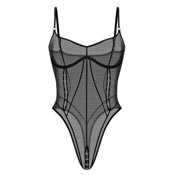 ANOESES black tulle bodysuit worn by an elongated female model, side cut-outs, decorative laces on bust, worn with black stockings and matching collar, high-end fetish aesthetic Brigade Mondaine Paris.