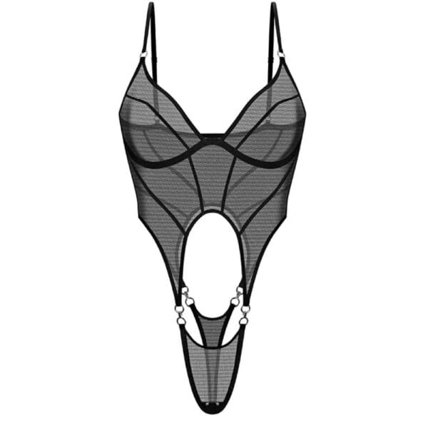 Body en tulle noir ANOESES avec découpe centrale et lignes structurées, conçu pour souligner la silhouette avec caractère. Sélection Brigade Mondaine Paris.