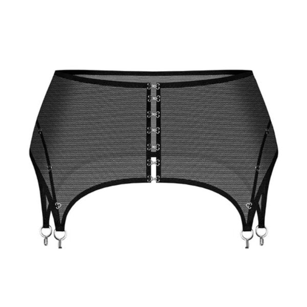 Vue dos d’un porte-jarretelles ANOESES en tulle noir, coupe taille haute avec jarretelles ajustables et anneaux métalliques, porté avec un string assorti, esthétique fétiche haut de gamme Brigade Mondaine Paris.