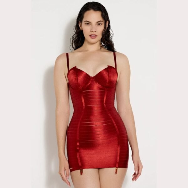 BORDELLE Angela Dress (2) Eng anliegendes rotes Kleid im Bandagenstil mit Strumpfhaltern und strukturierten Details, elegantes und sexy kurzes Kleid für Frauen