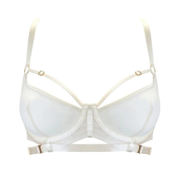 BORDELLE – Signature Cream chez Brigade Mondaine Paris Soutien-gorge BORDELLE Signature Cream porté de profil, en tulle transparent ivoire avec bandes elastiques structurantes et finitions métalliques dorées, présenté chez Brigade Mondaine Paris.
