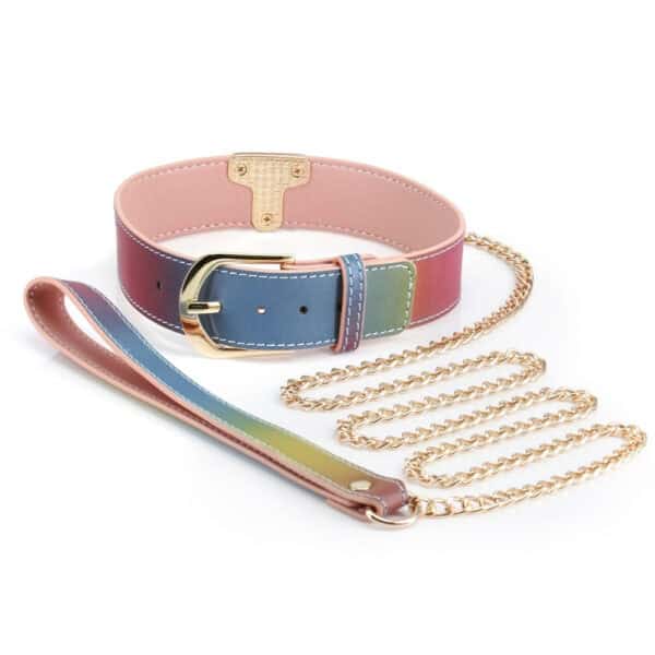 Rainbow multicolored leather BDSM necklace with gold buckle and matching metal chain leash, presented on a white background in an elegant, polished aesthetic.