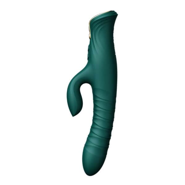 Vibromasseur Rabbit MOSE vert design premium | Brigade Mondaine Vibromasseur Rabbit MOSE noir à double stimulation, surface mate texturée et lignes ergonomiques, présenté sur fond blanc dans une esthétique épurée et contemporaine.