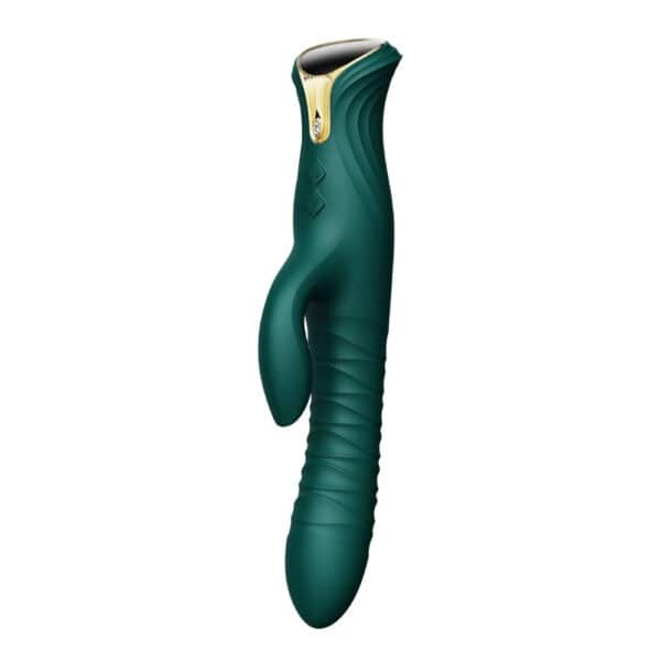 Vibromasseur Rabbit MOSE vert design premium | Brigade Mondaine Vibromasseur Rabbit MOSE noir à double stimulation, surface mate texturée et lignes ergonomiques, présenté sur fond blanc dans une esthétique épurée et contemporaine.