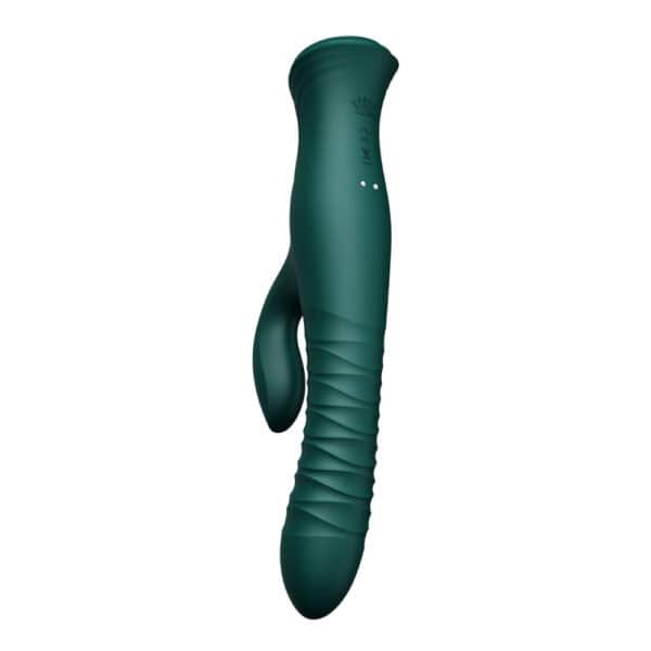 Vibromasseur Rabbit MOSE vert design premium | Brigade Mondaine Vibromasseur Rabbit MOSE noir à double stimulation, surface mate texturée et lignes ergonomiques, présenté sur fond blanc dans une esthétique épurée et contemporaine.