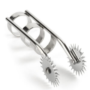 Volante Wartenberg de acero pulido con dos ruedas dentadas y anillos de retención, presentado sobre fondo blanco con un aspecto minimalista y profesional.